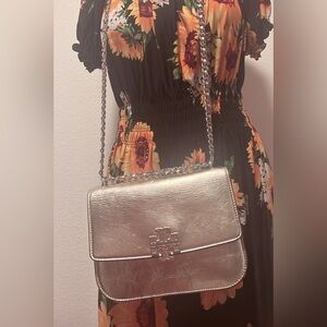 Tory Burch Silver Crossbody Bag with Metallic Finish